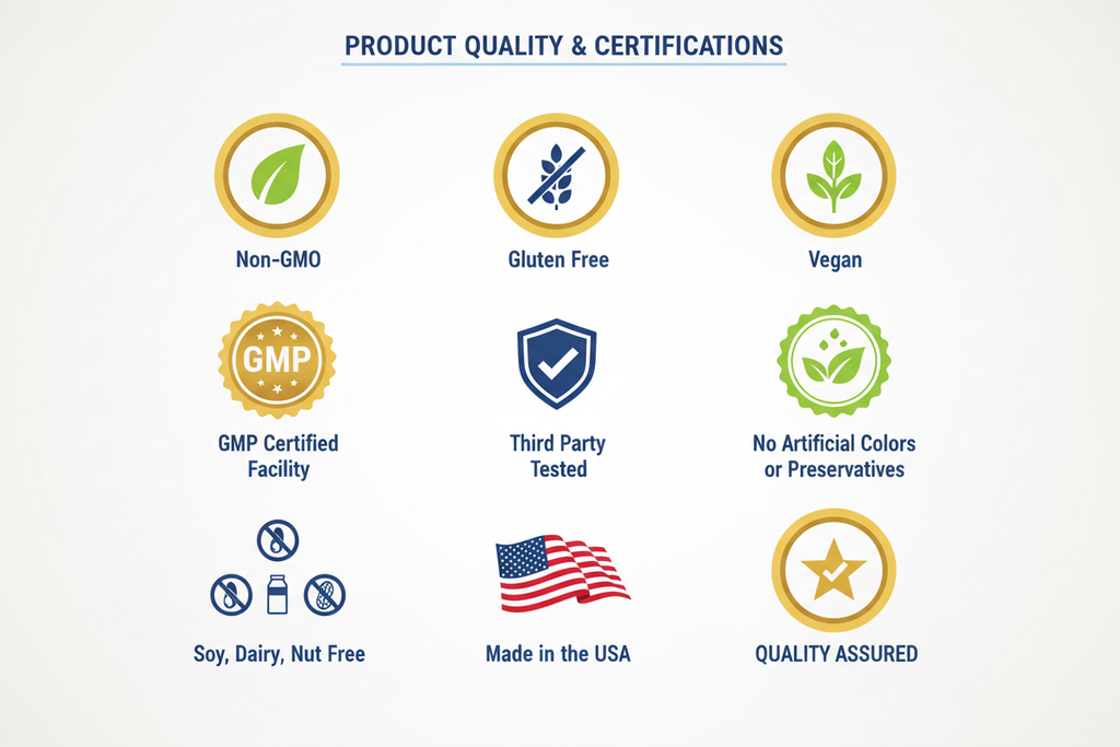 Could you create a graphic that illustrates the following claims for my product, you can organize the infomration to the most graphically presentable: Non-GMO
Gluten free
Vegan
GMP certified facility 
Third party tested 
No artificial colors or preservatives 
Soy, dairy, nut free  
Made in the USA 