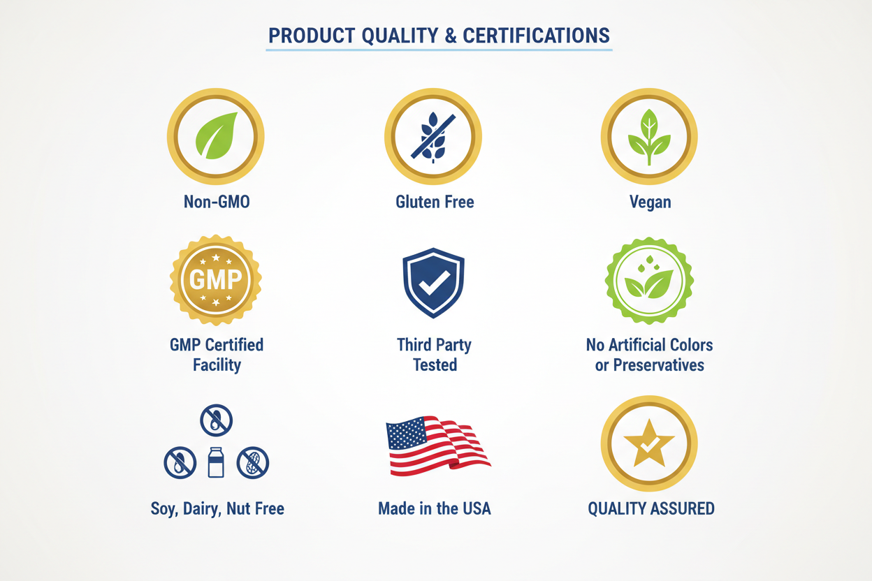 Could you create a graphic that illustrates the following claims for my product, you can organize the infomration to the most graphically presentable: Non-GMO
Gluten free
Vegan
GMP certified facility 
Third party tested 
No artificial colors or preservatives 
Soy, dairy, nut free  
Made in the USA 
